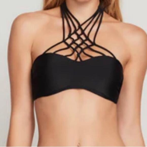 Volcom Simply Solid Braided High Neck Bandeau Bikini Top Black Sz Medium NWT - Picture 1 of 11